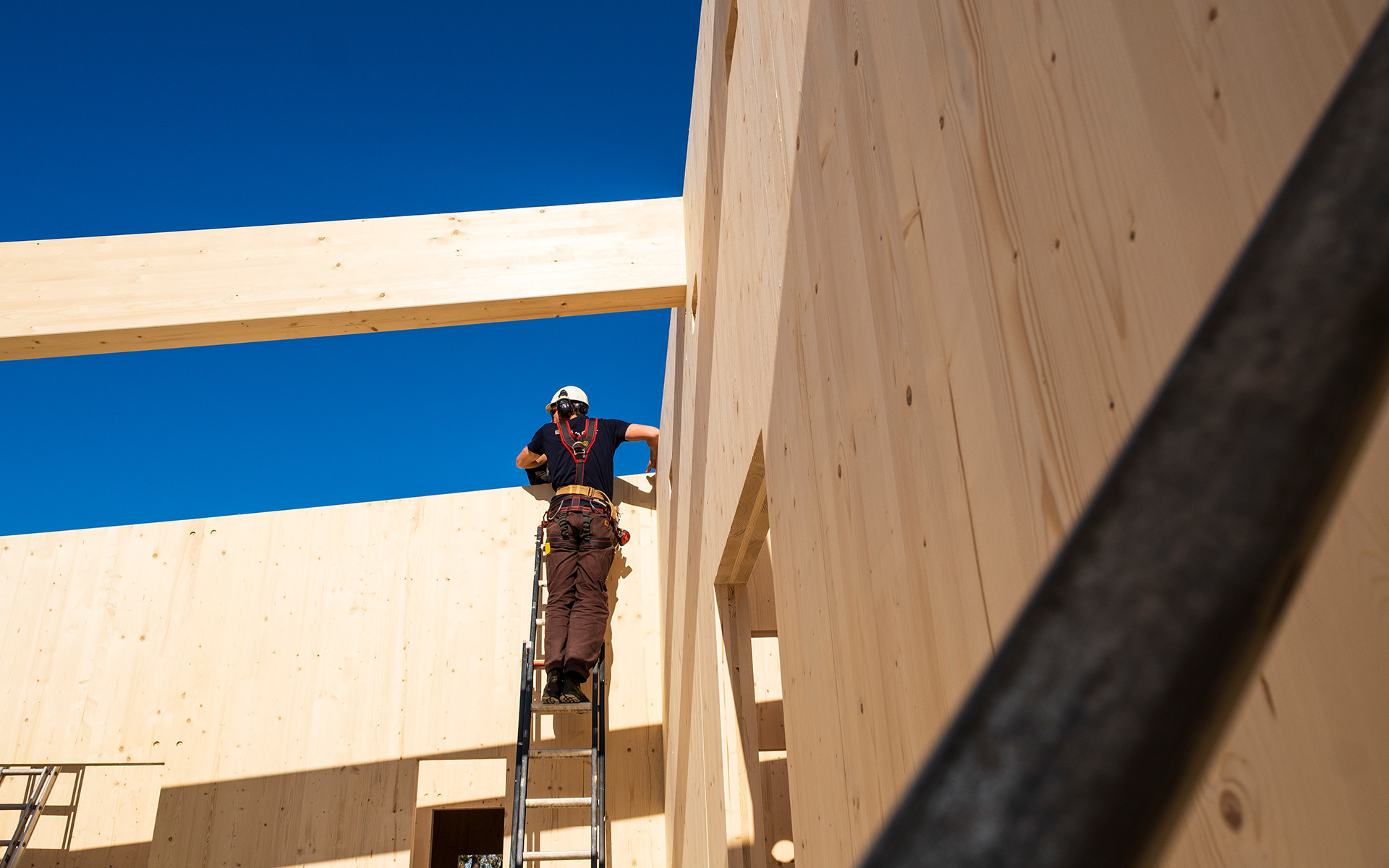 Installation of CLT panels and beams for timber pavilion construction 